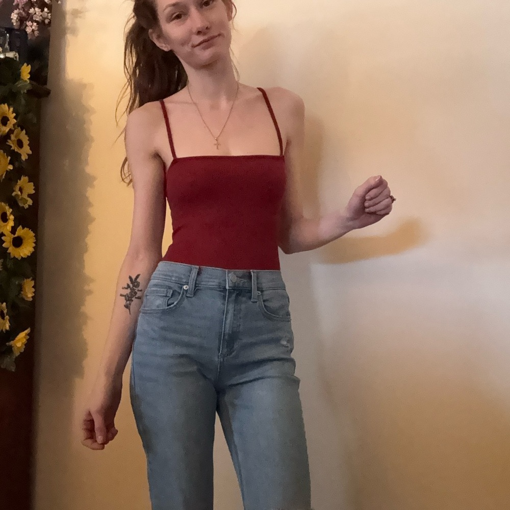 Brandy Melville Square-Neck Spaghetti Strap Maroon/red Bodysuit